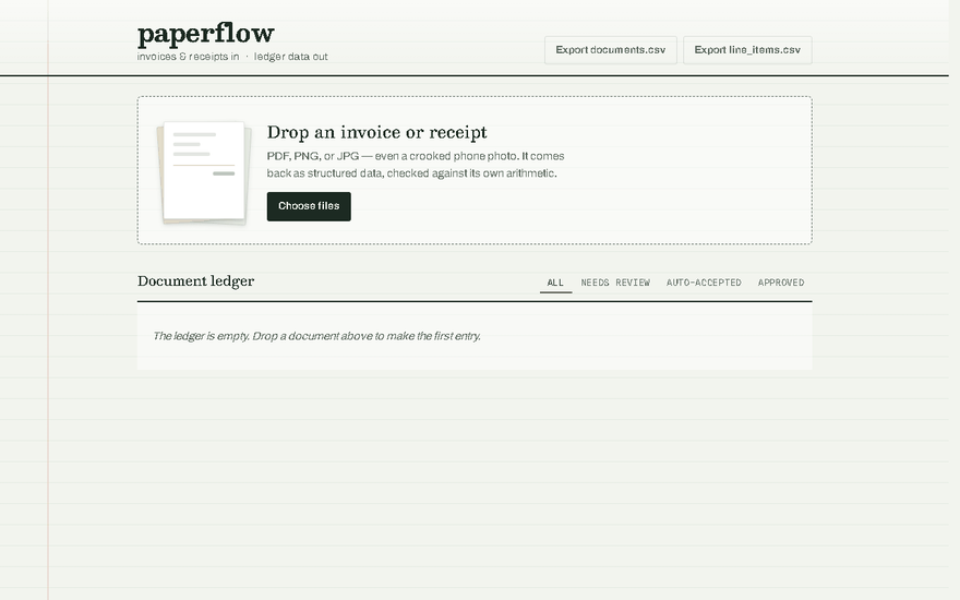 Animated demo — upload through auto-accept routing, human review of an arithmetic mismatch, and approval